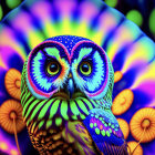 Colorful Psychedelic Owl Art with Swirling Patterns and Blue Eyes