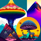 Colorful Mushroom Illustration with Small Figure and Gradient Sky