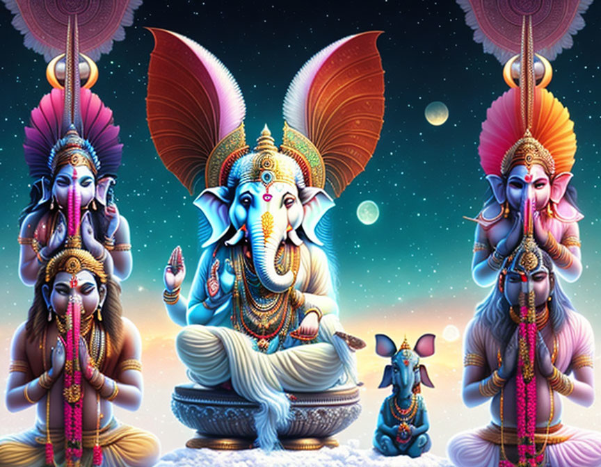 Blue Ganesha surrounded by two figures under starry sky