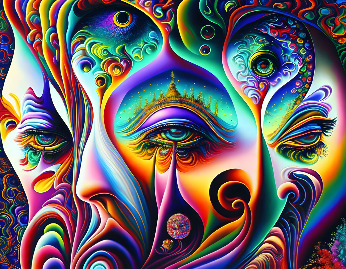 Colorful Abstract Faces Artwork with Cosmic and Spiritual Theme