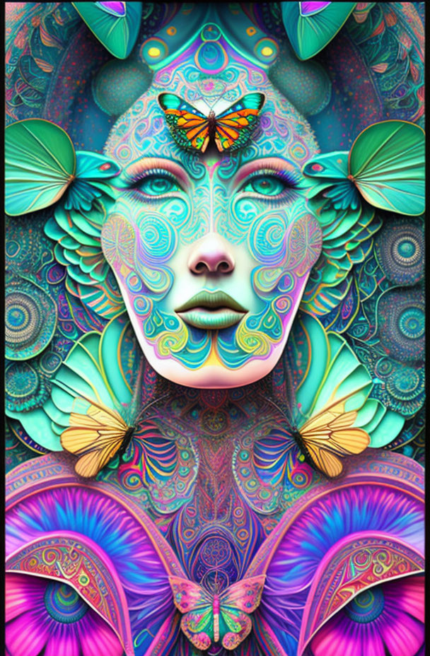 Symmetrical face digital artwork with colorful patterns and butterflies