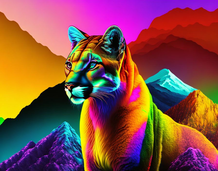 Colorful Tiger Art Against Rainbow Mountain Backdrop