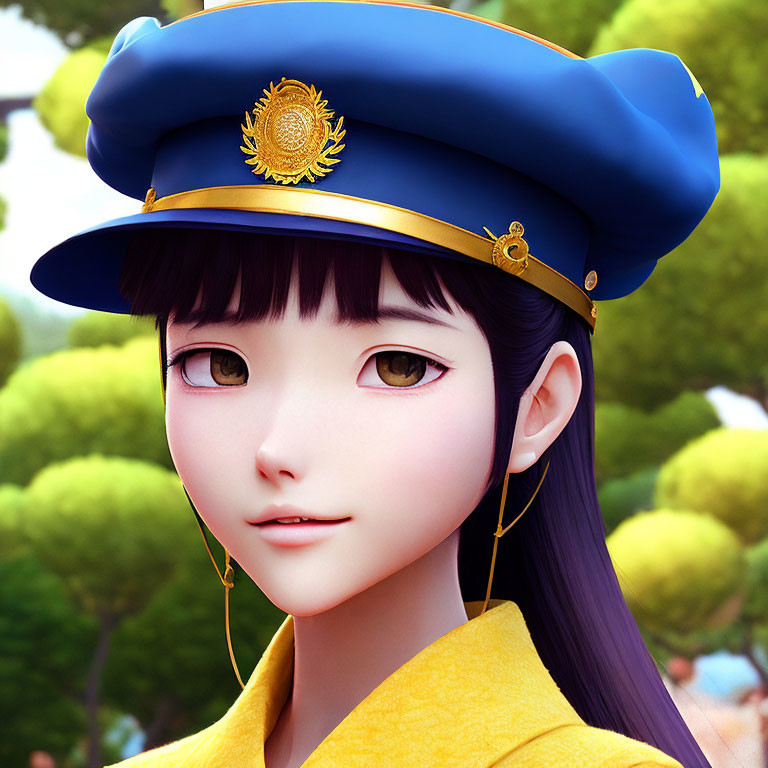 Dark-haired animated character in blue military hat and golden earrings among green trees.