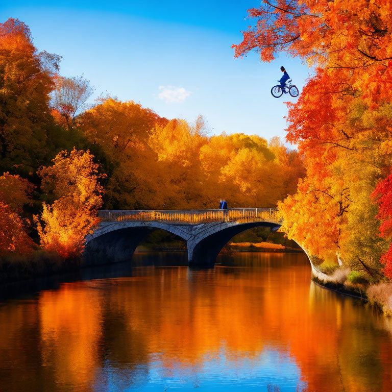 Cyclist mid-air stunt over arched bridge in autumn scenery