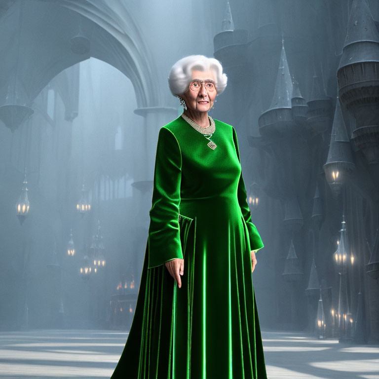 Elderly Woman in Green Dress and Pearls in Grand Gothic Hall