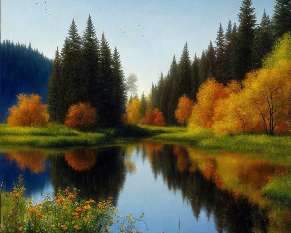 Autumn forest reflection on still lake with golden foliage