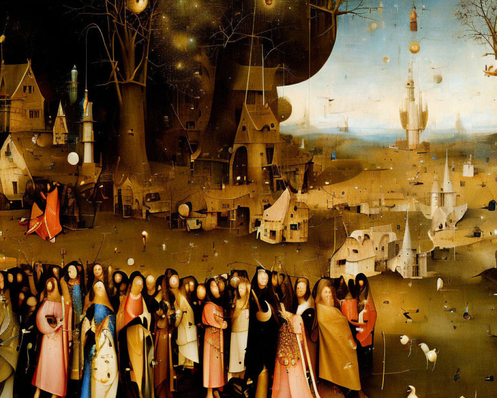 Intricate surreal painting: Medieval town, robes, bizarre structures, fantastical creatures, celestial elements