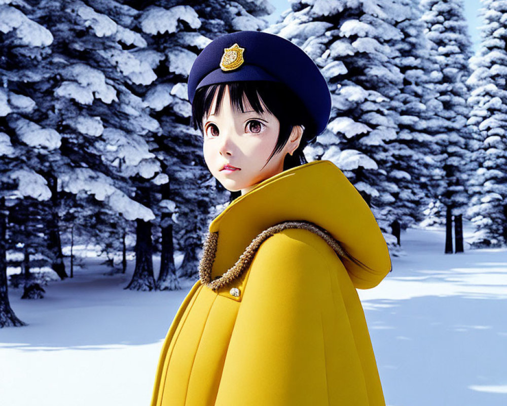 Female animated character in police cap and yellow coat in snowy forest