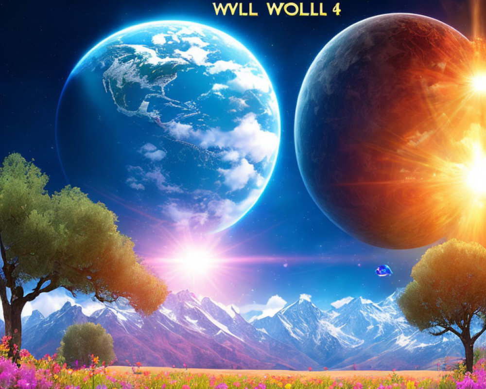 Colorful Fantasy Landscape with Flowers, Trees, Mountains, Planets, and Sun