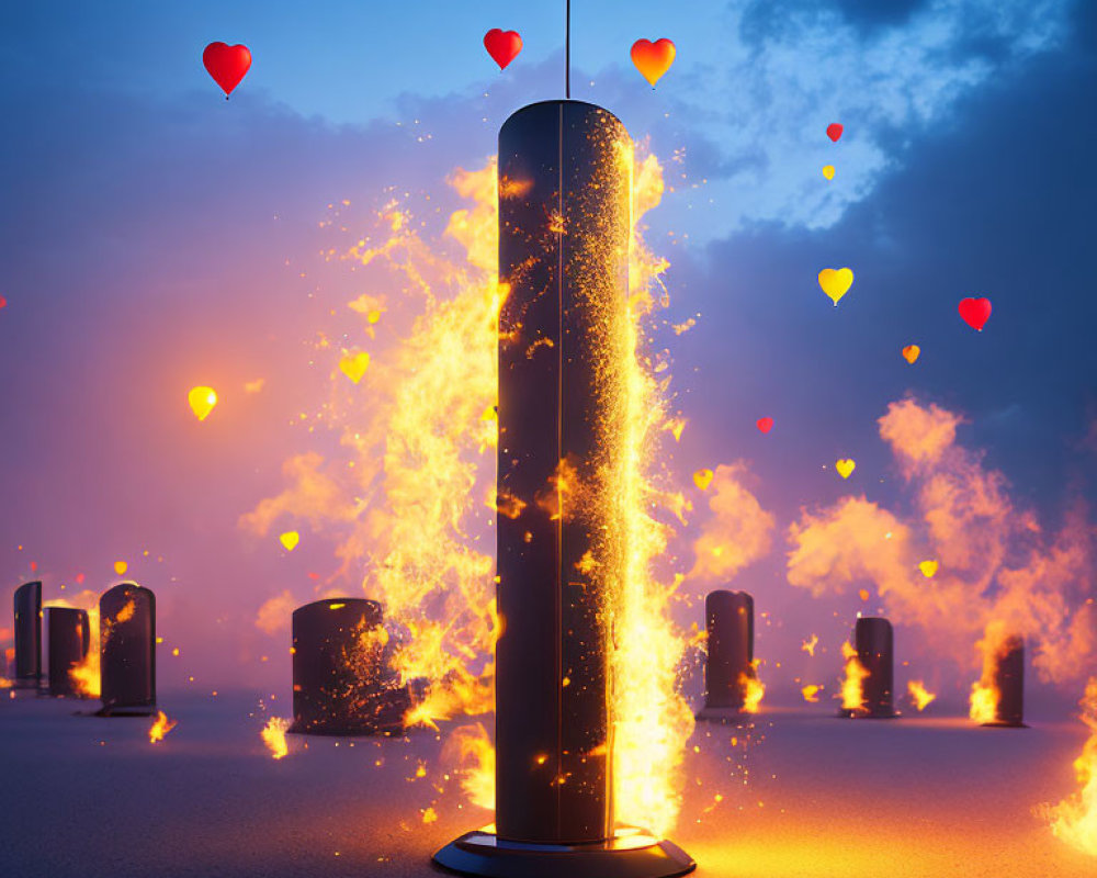 Fiery pillar with U.S. flag, columns, hearts in twilight sky