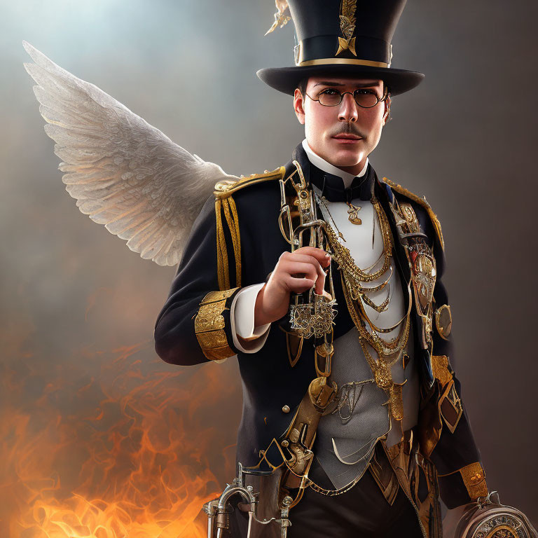 Steampunk-inspired man with angelic wings and pocket watch