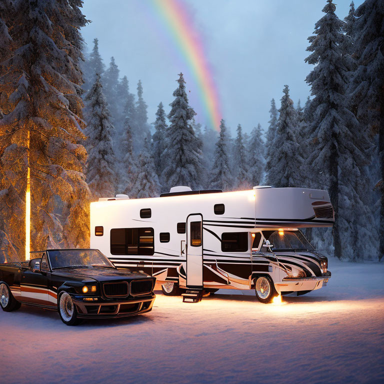 Vintage car and luxury RV in snowy forest with faint rainbow