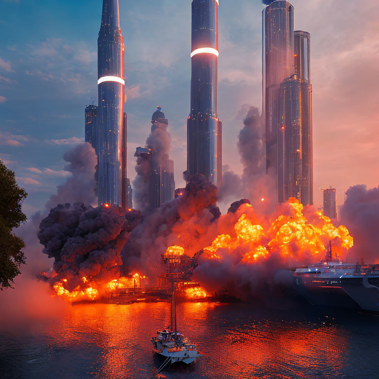 Futuristic city skyline ablaze with emergency response in a dramatic scene