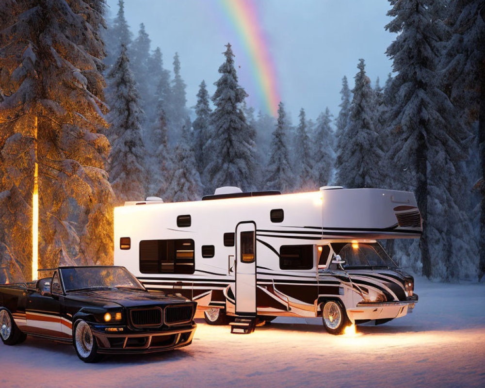 Vintage car and luxury RV in snowy forest with faint rainbow