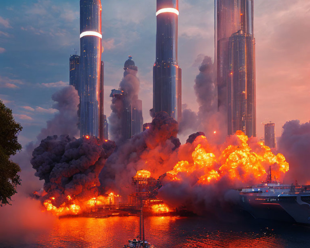 Futuristic city skyline ablaze with emergency response in a dramatic scene