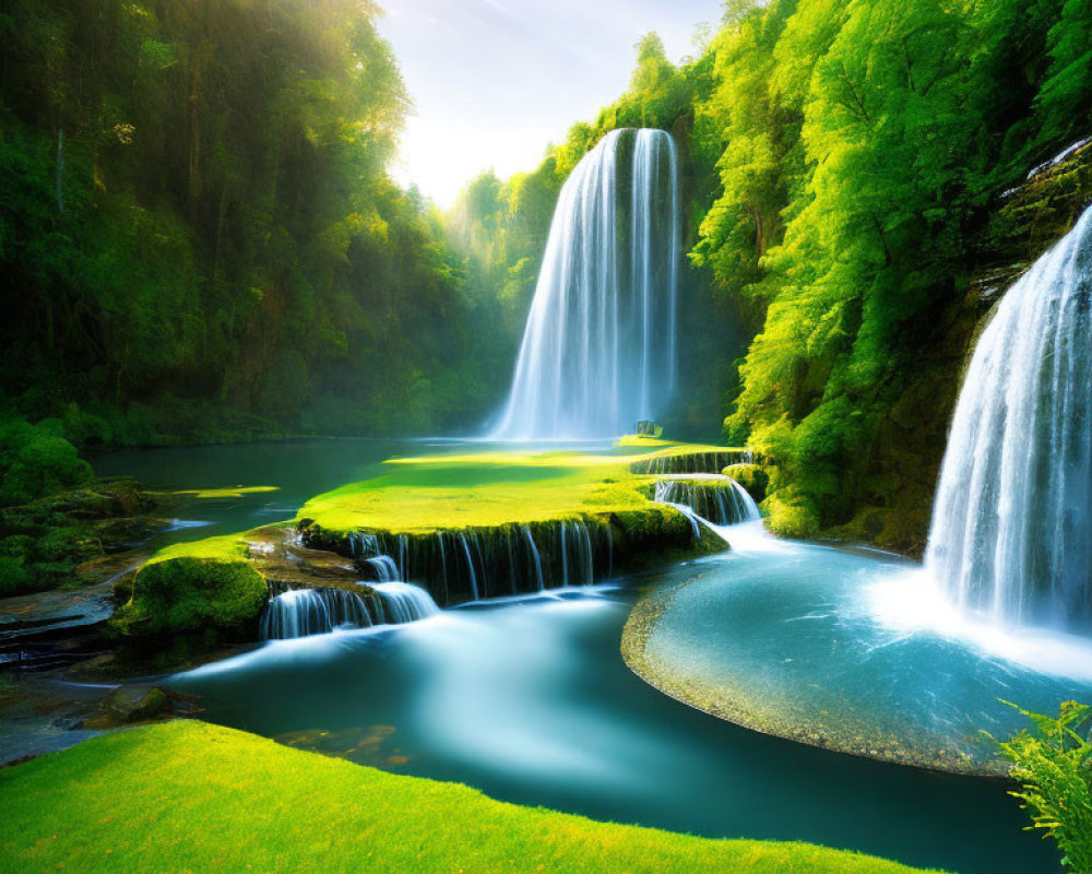 Tranquil waterfall cascading into blue pond amidst lush greenery