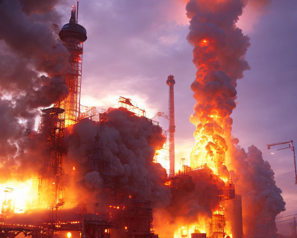 Industrial facility with tall smoke stacks emitting large plumes of smoke and fire against a dusky sky