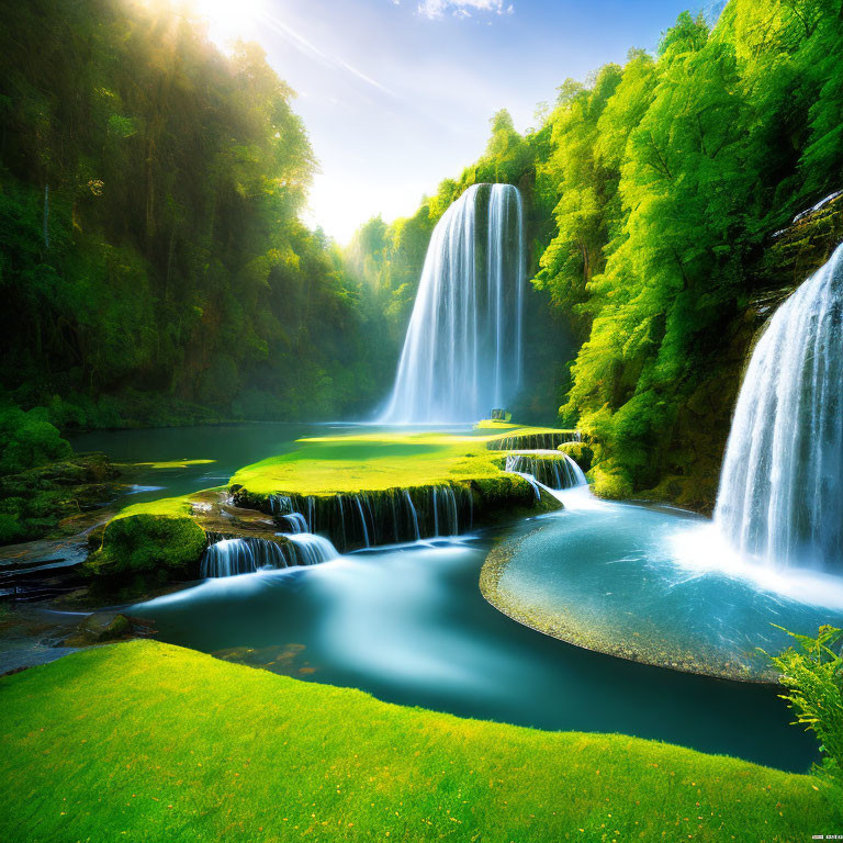 Tranquil waterfall cascading into blue pond amidst lush greenery