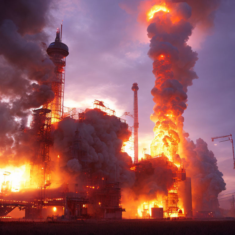 Industrial facility with tall smoke stacks emitting large plumes of smoke and fire against a dusky sky