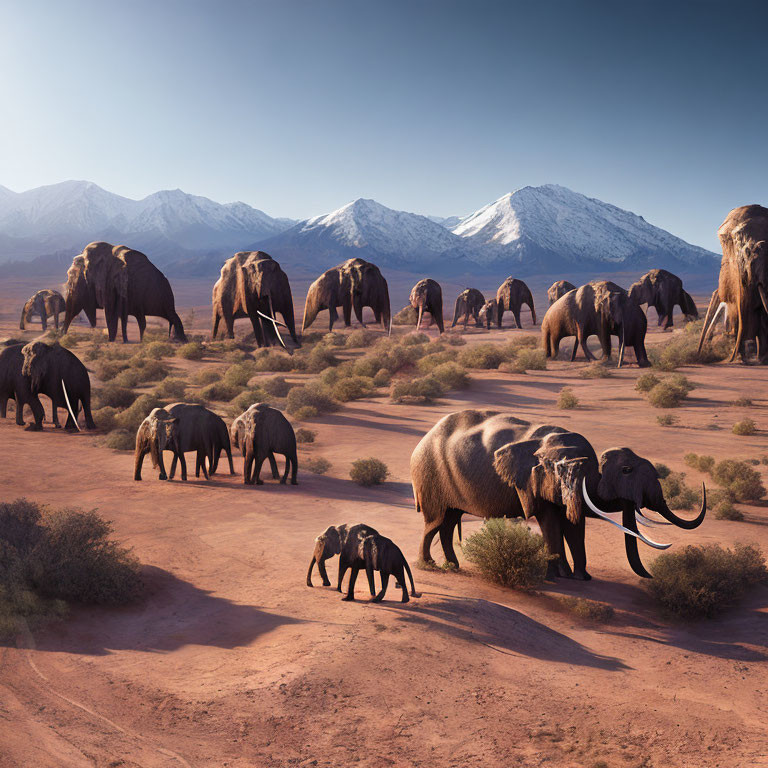 Elephants roaming savanna with mountains and clear sky