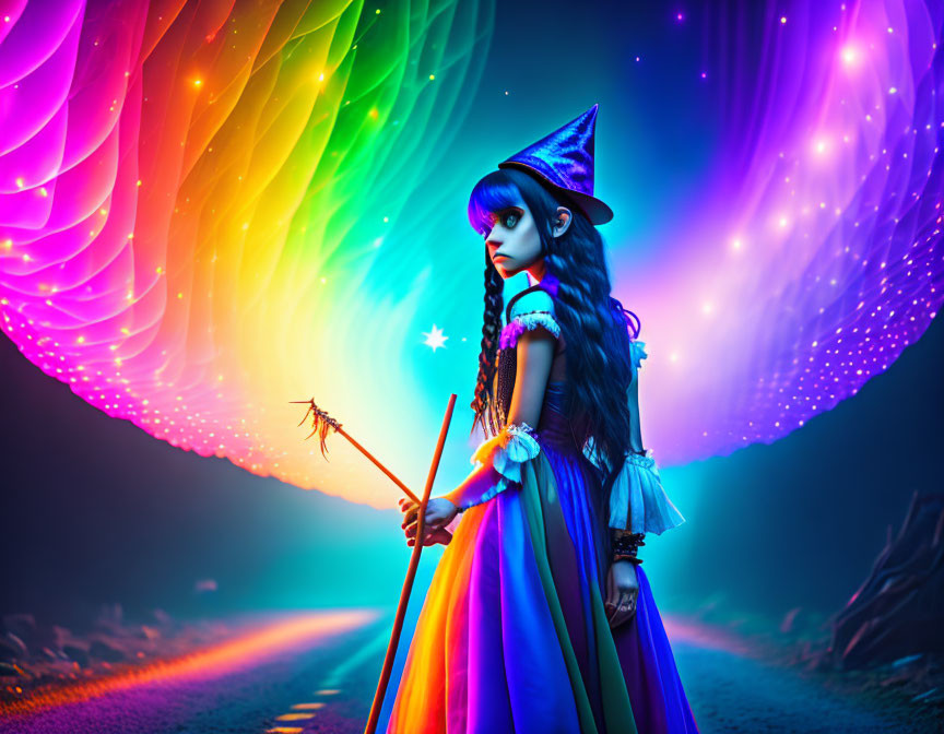 Vibrant fantasy art: witch with star wand under rainbow aurora