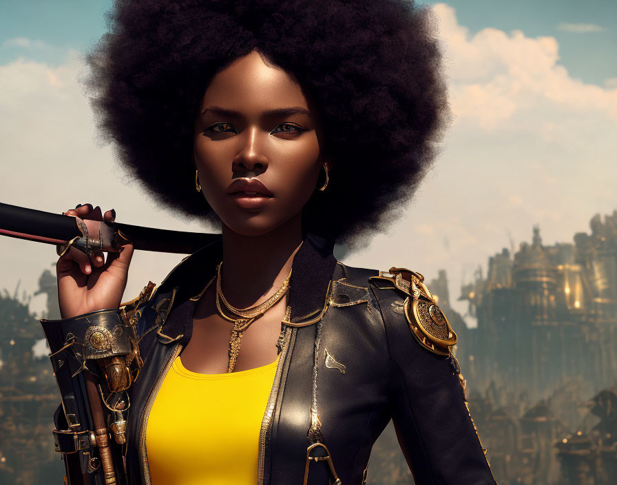 Confident woman with afro hairstyle holding spear in futuristic cityscape