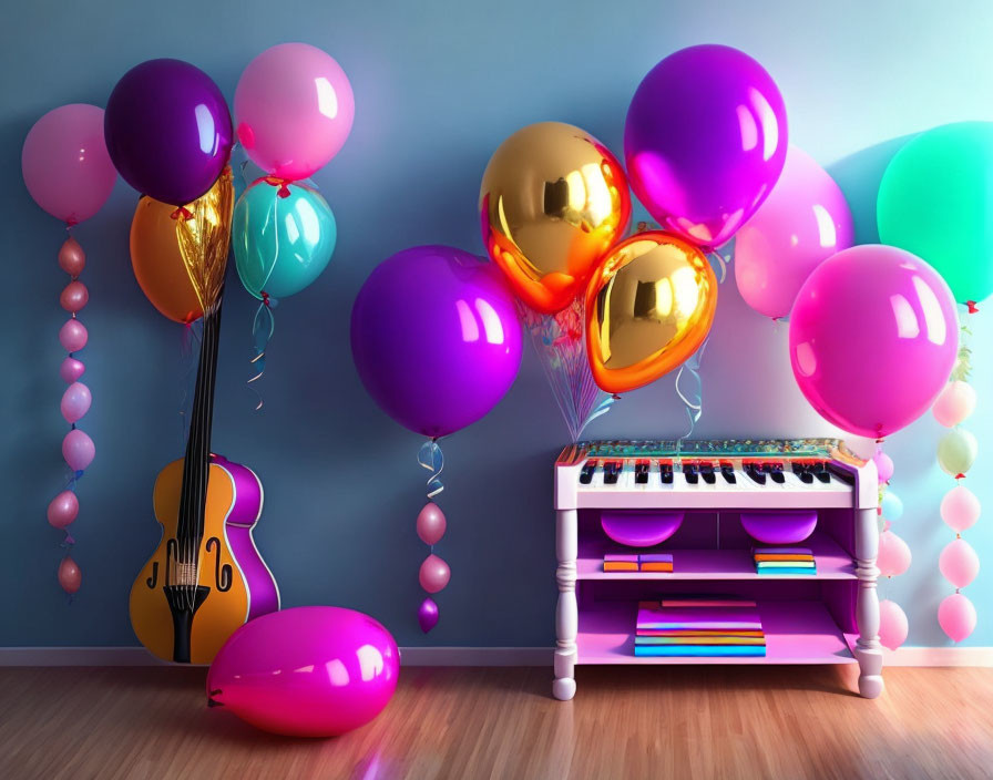 Vibrant room with pink piano, guitar, gold & multicolored balloons