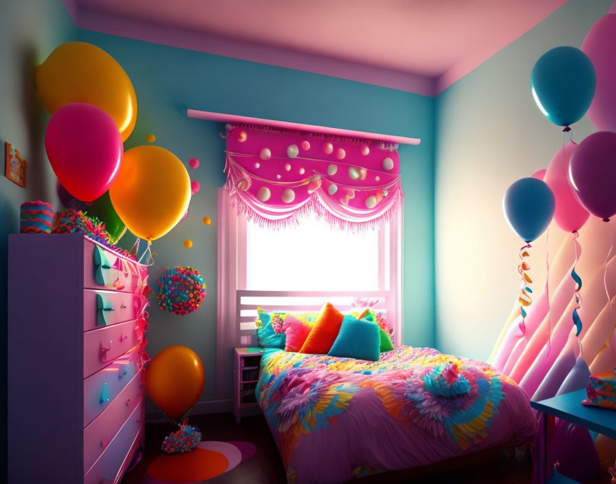 Colorful Children's Bedroom Decor with Balloons and Pink Dresser