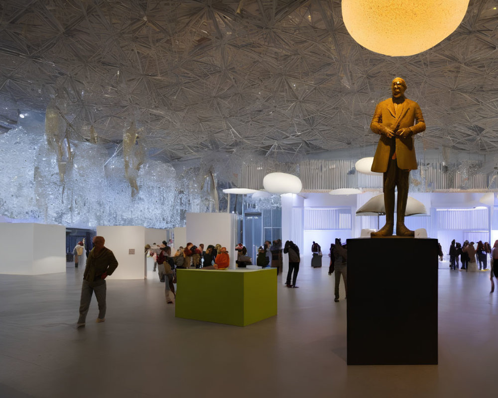 Art gallery with textured ceiling, glowing sphere, statue, and sculptures