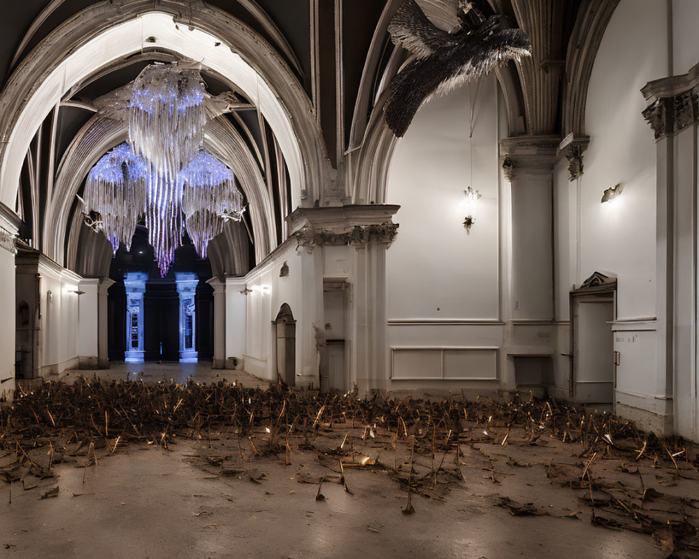 Dilapidated room with white interior, arched ceilings, chandeliers, and scattered debris