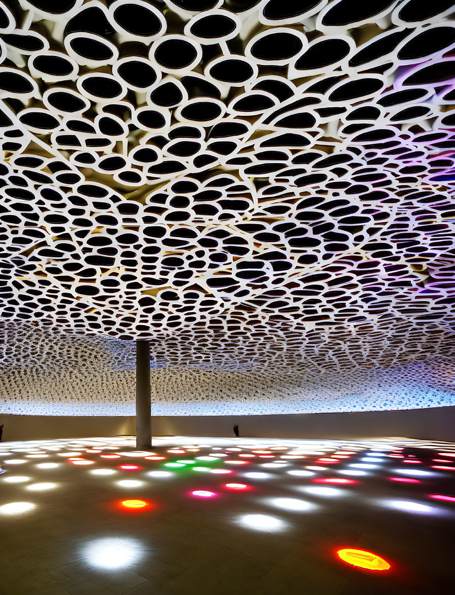 White honeycomb ceiling installation casting colorful light patterns