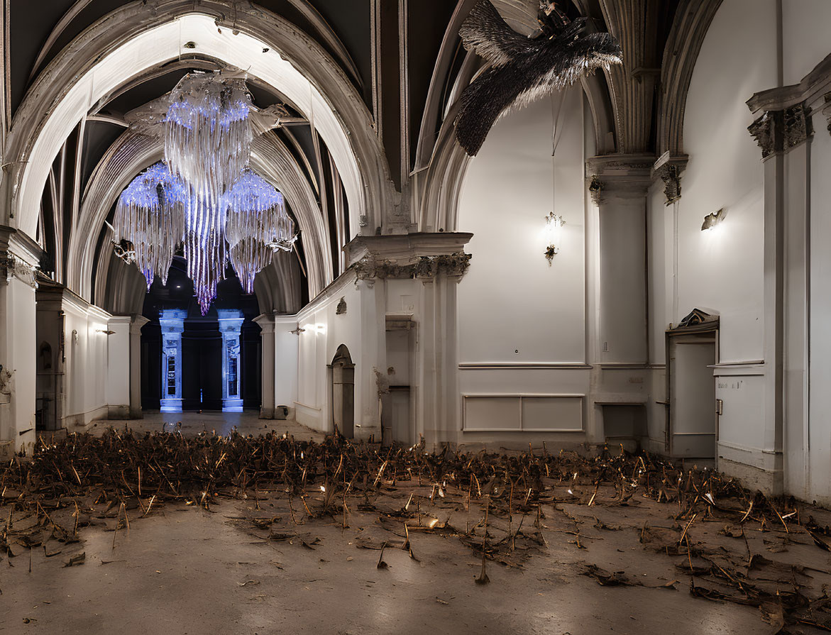 Dilapidated room with white interior, arched ceilings, chandeliers, and scattered debris