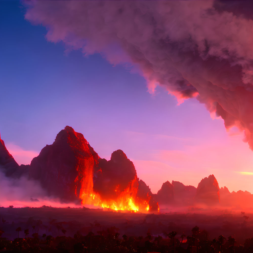 Dramatic volcanic eruption with flowing lava under purple and orange sunset