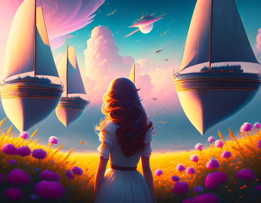 Long-haired person in flower field gazes at floating ships in colorful sky