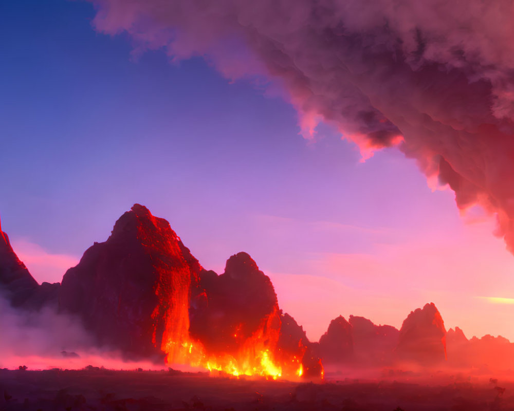 Dramatic volcanic eruption with flowing lava under purple and orange sunset