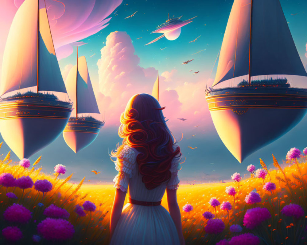 Long-haired person in flower field gazes at floating ships in colorful sky