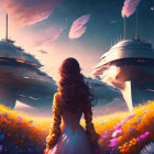 Long-haired person in flower field gazes at floating ships in colorful sky