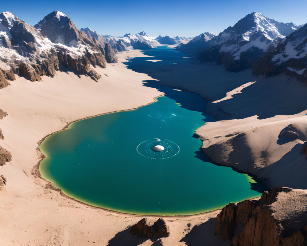 Vibrant Turquoise Glacial Lake Surrounded by Snow-Capped Peaks