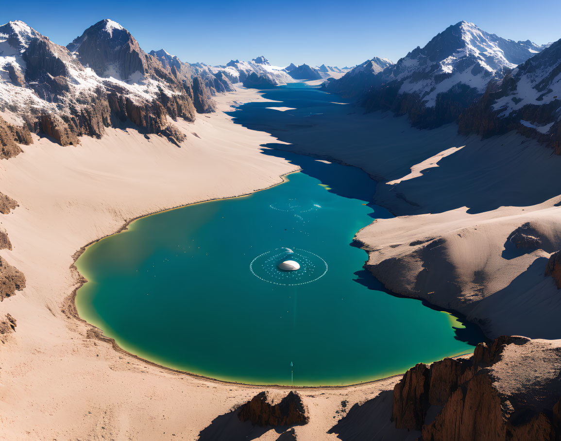 Vibrant Turquoise Glacial Lake Surrounded by Snow-Capped Peaks