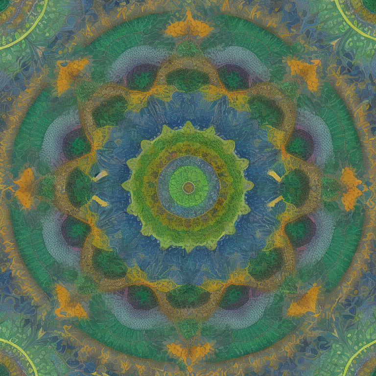 Symmetrical green, blue, and yellow mandala with floral accents