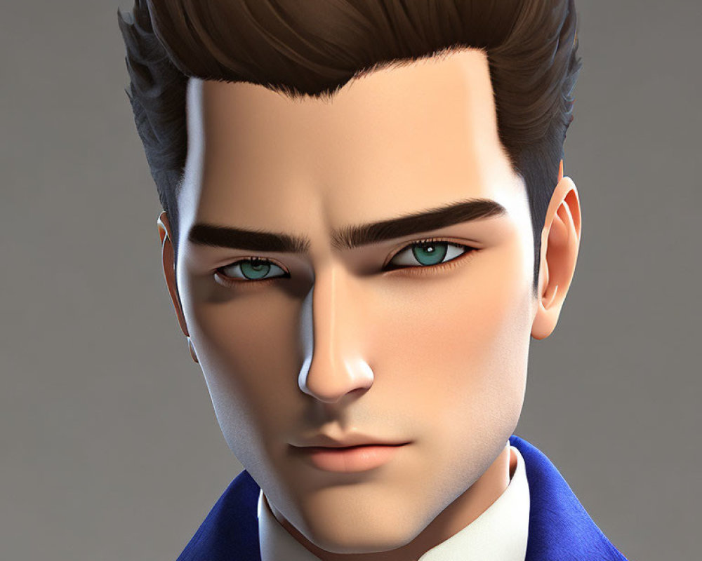 Male character 3D rendering: blue-eyed, styled hair, blue suit