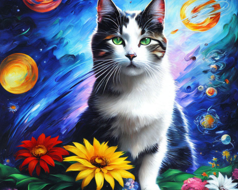 Colorful Flowers Surround Black and White Cat in Celestial Artwork