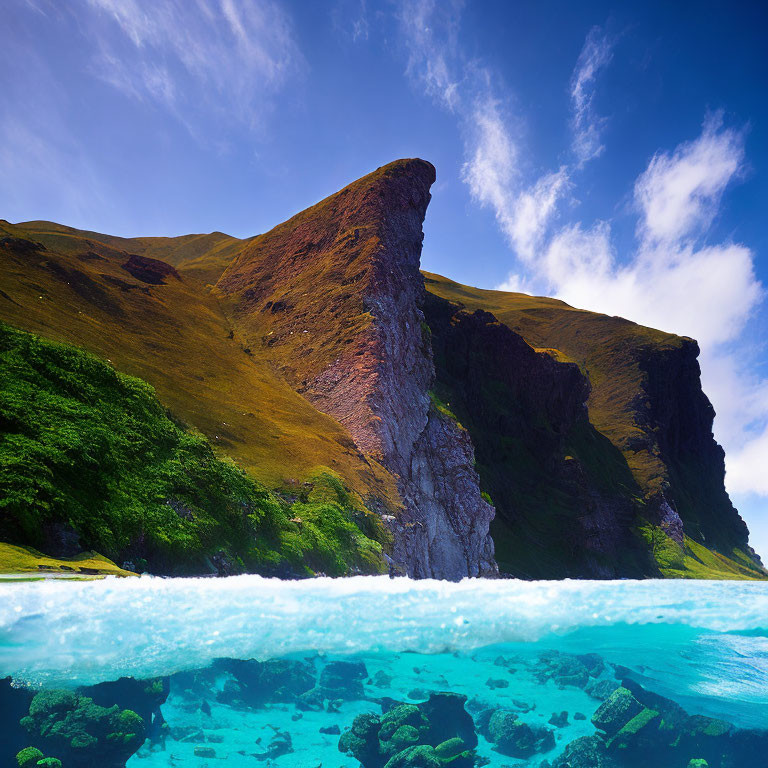 Majestic coastal cliff with green slopes and turquoise waters