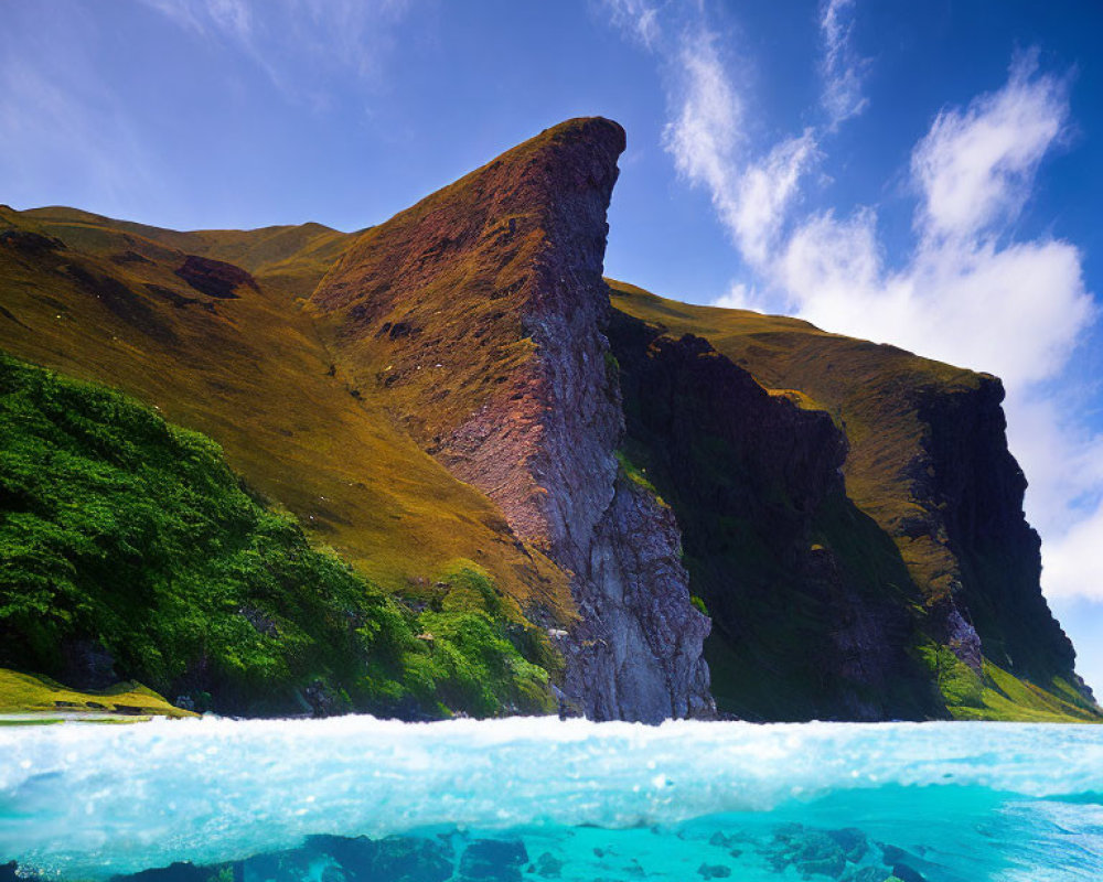 Majestic coastal cliff with green slopes and turquoise waters