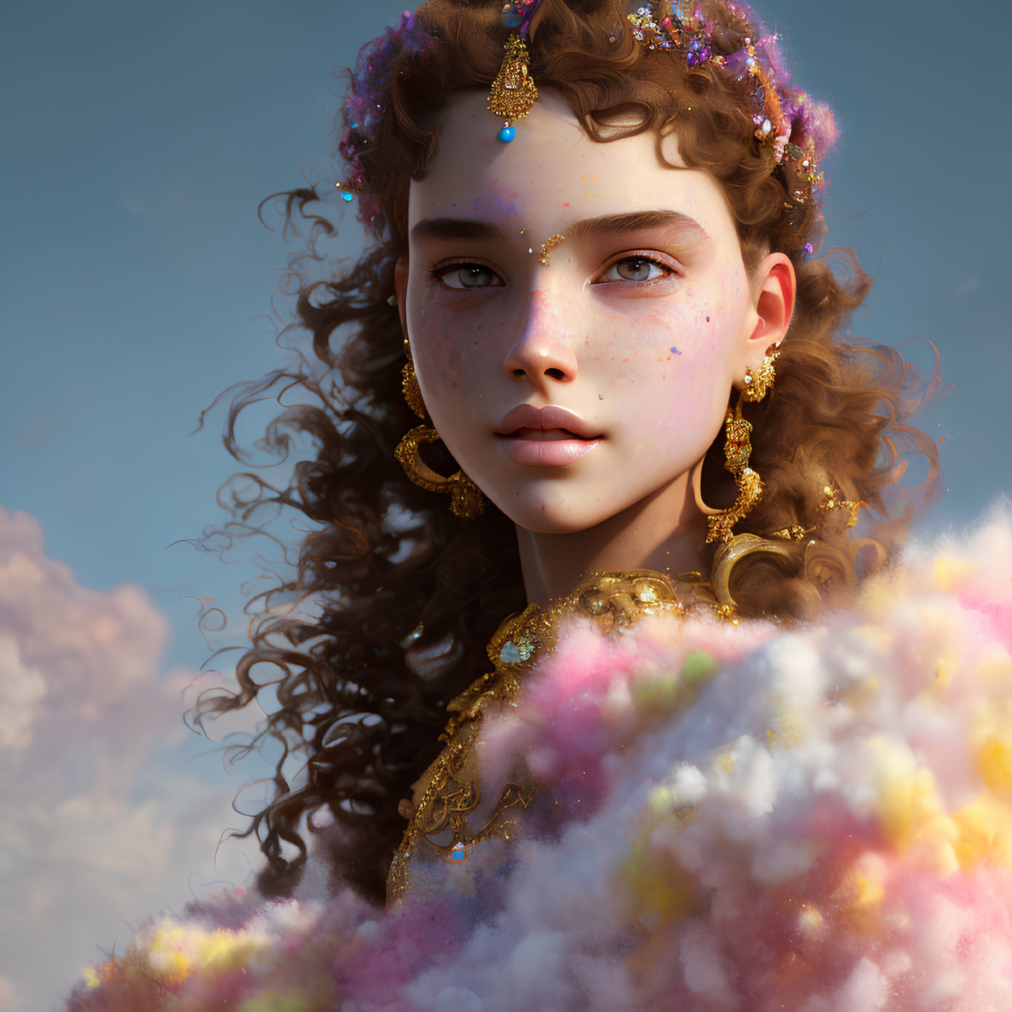 Digital portrait of young woman with curly hair, freckles, and jewels in dreamy setting