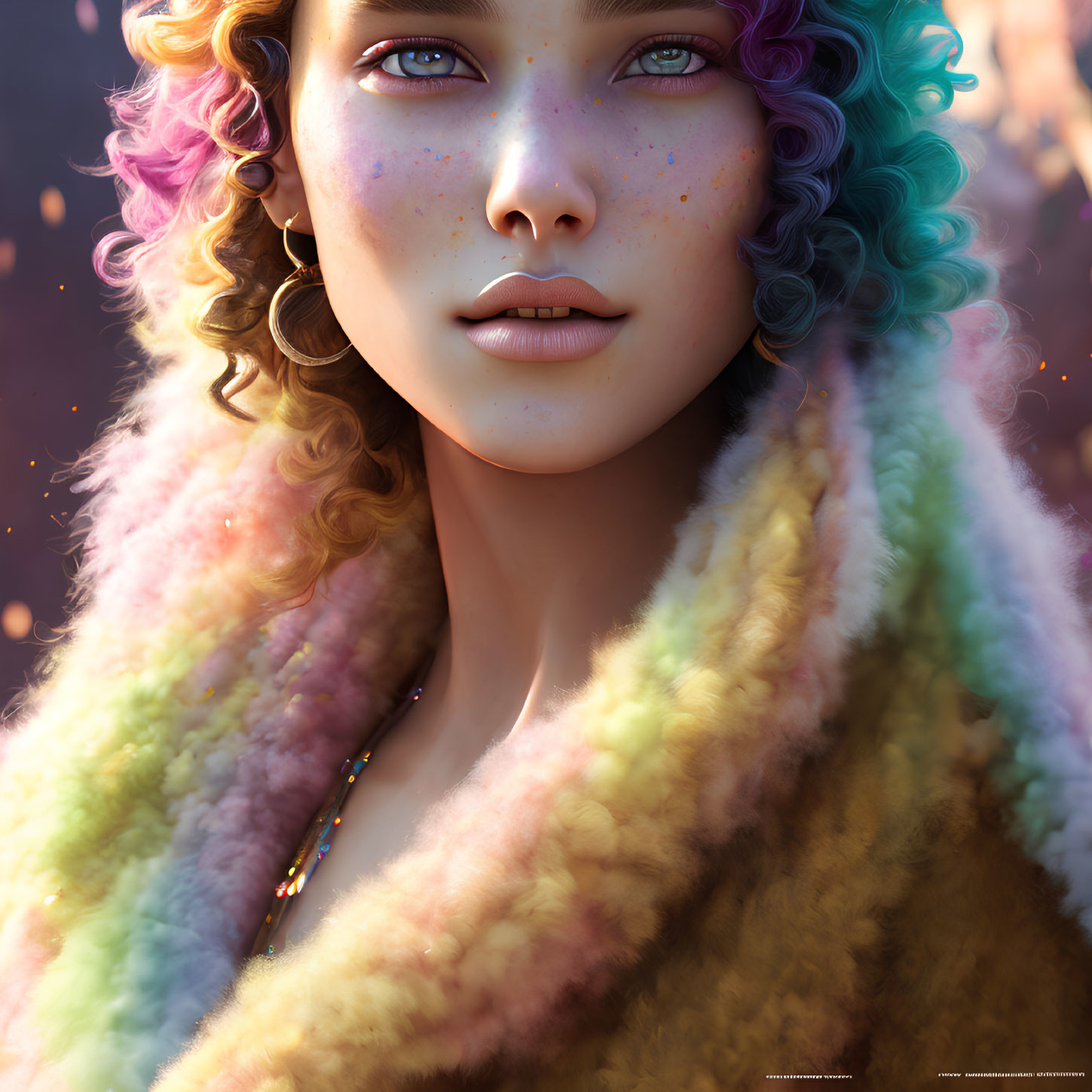 Multicolored curly hair portrait with freckles and fur coat