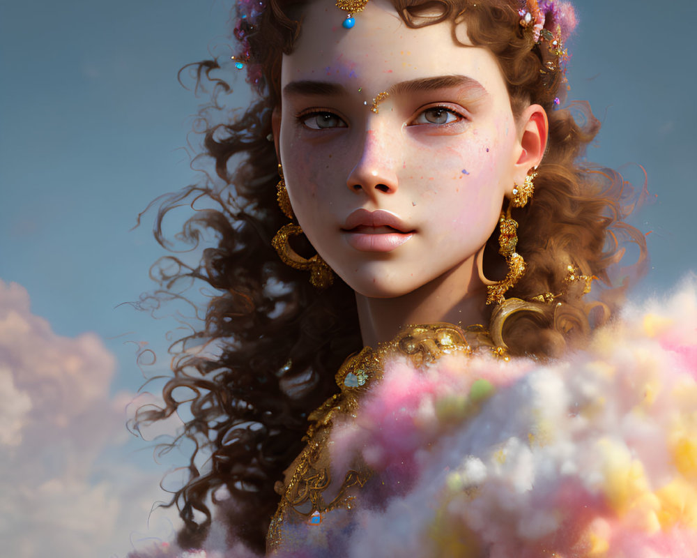 Digital portrait of young woman with curly hair, freckles, and jewels in dreamy setting