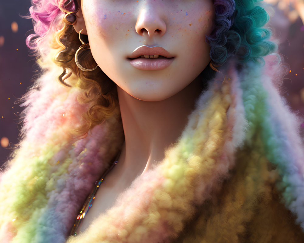 Multicolored curly hair portrait with freckles and fur coat