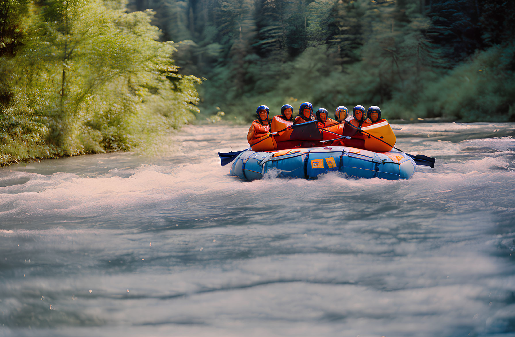 Group of People Rafting in Safety Gear on Rapid River