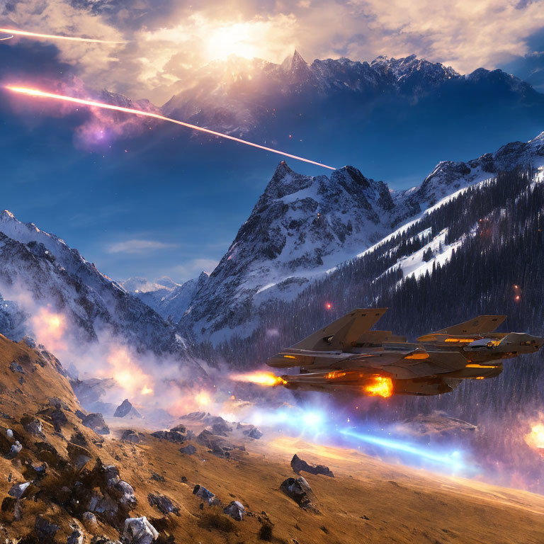 Futuristic fighter jets in mountain landscape with energy beam at sunset